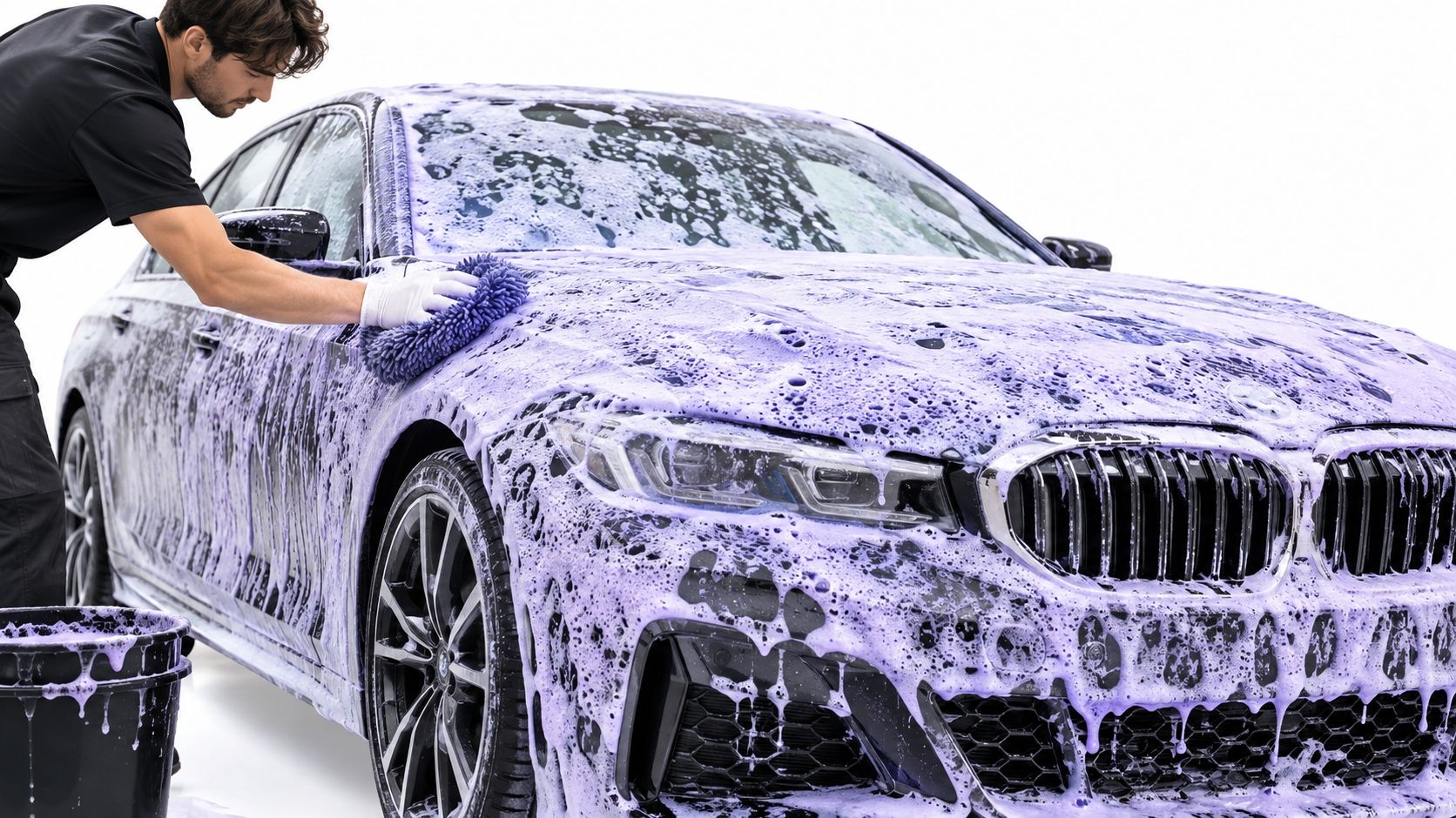 A professional car detailer uses a purple wash mitt to clean a car covered in purple soap suds.