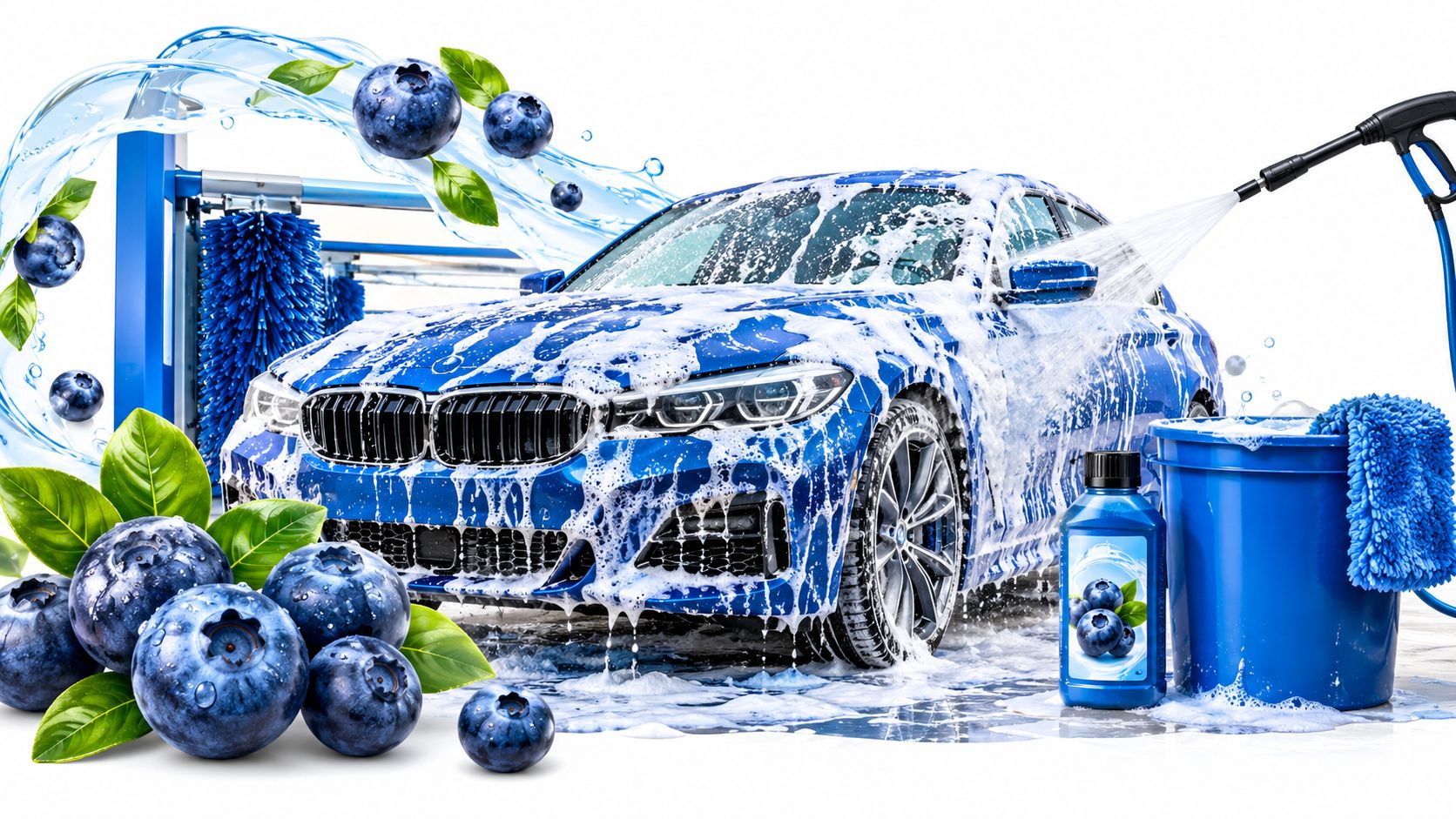 A blue BMW car being washed with soap foam, surrounded by fresh blueberries and water splashes.