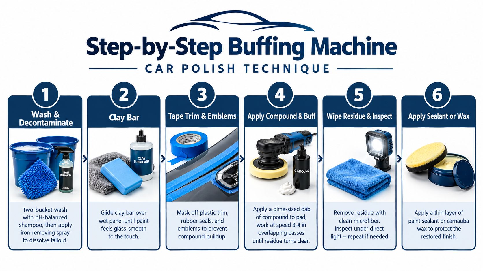 A six-step infographic guide explaining the professional car buffing and polishing process for vehicle paint restoration.