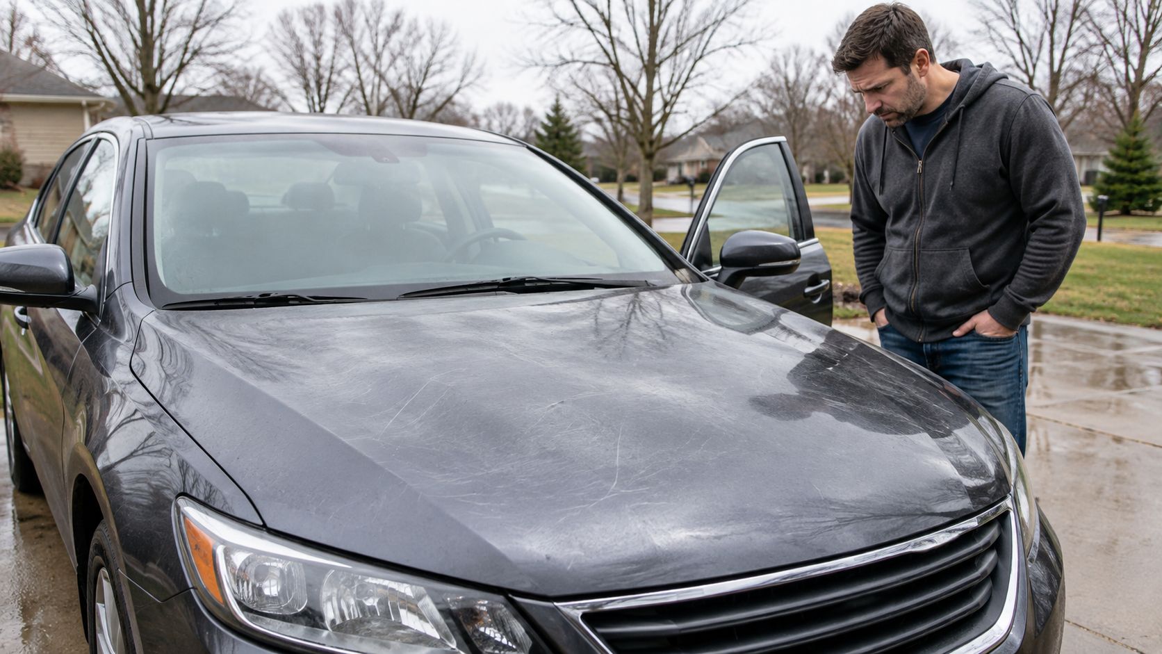 A concerned man standing next to a gray car with visible scratches on the hood, outdoors.