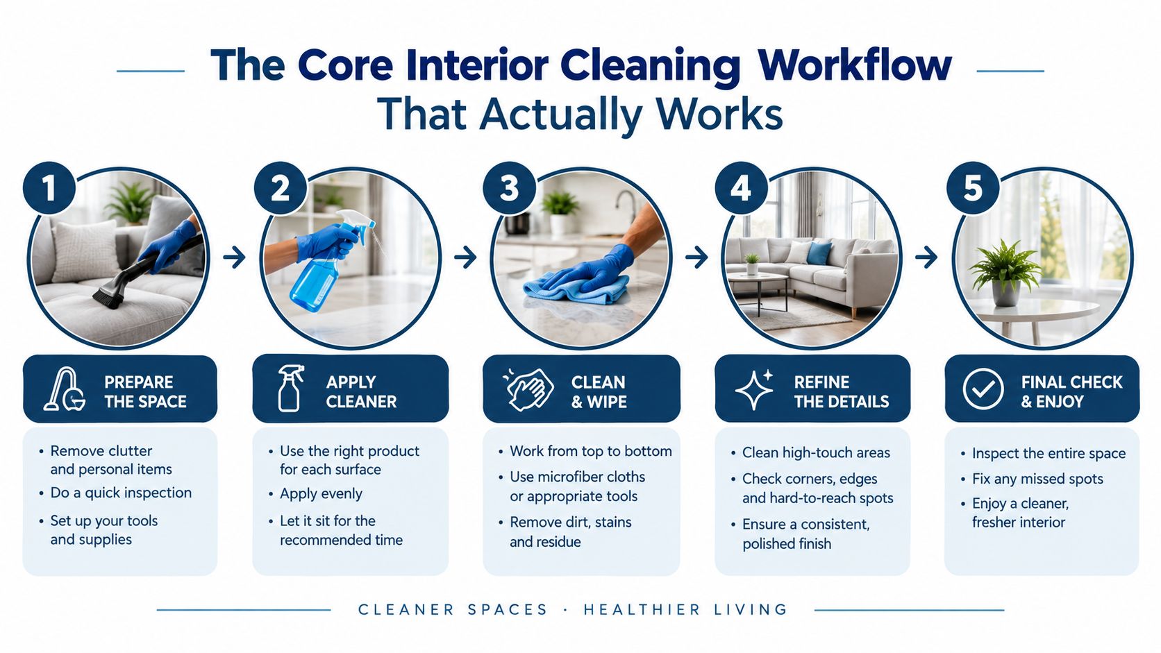 A five-step infographic showing an efficient workflow for cleaning and organizing an interior living space.