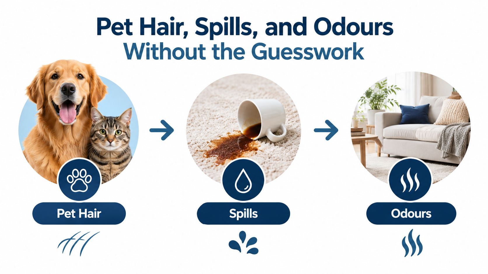 A graphic showing how to solve pet hair, liquid spills, and household odors without any guesswork.
