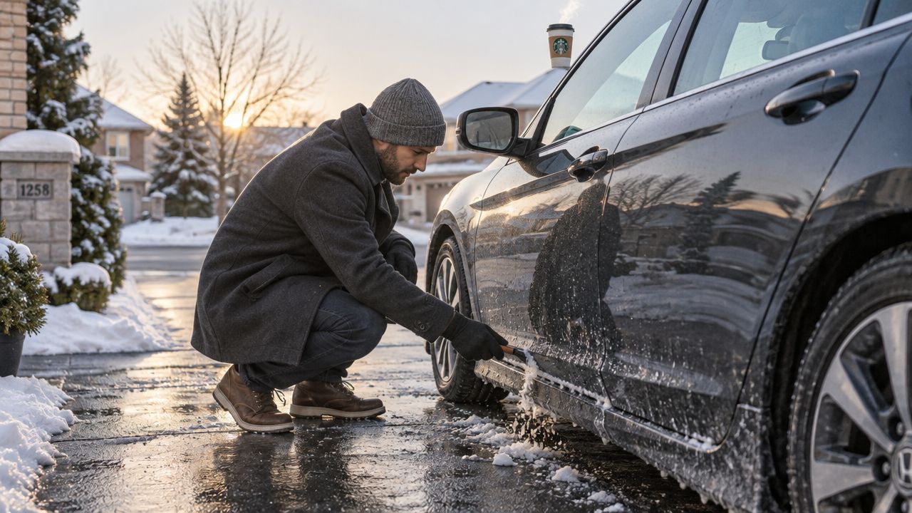 A man in a grey coat and beanie crouches to clear snow and ice from his car.
