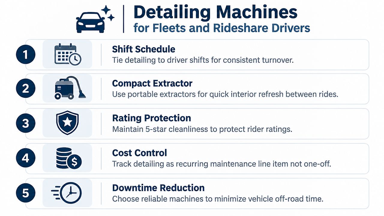 A list of five essential factors for using car detailing machines for fleets and rideshare drivers.