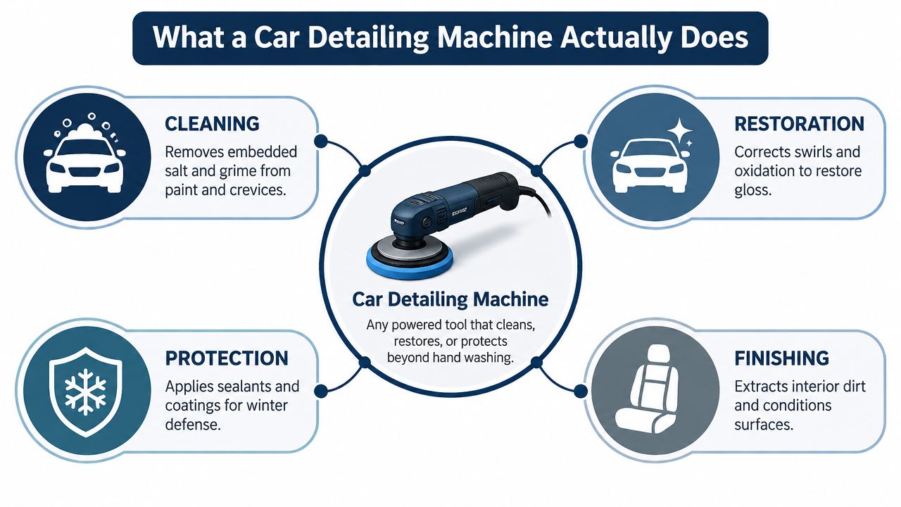 An infographic showing four functions of a car detailing machine including cleaning, restoration, protection, and finishing.