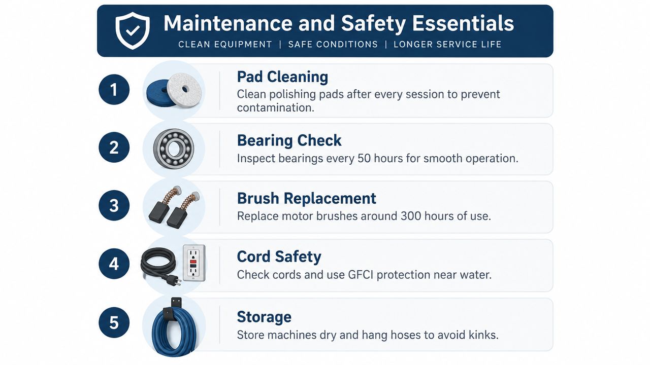 An infographic titled Maintenance and Safety Essentials listing five steps for professional equipment care and safe operation.