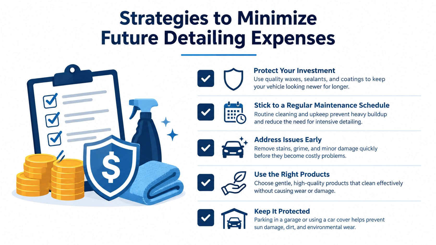 A checklist infographic illustrating five effective strategies to minimize future car detailing expenses and save money.