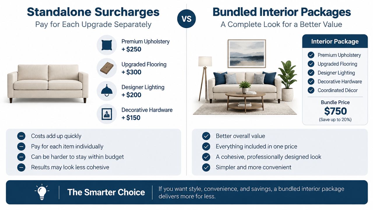 A comparison graphic showing individual interior design upgrade costs versus a discounted bundled interior design package.