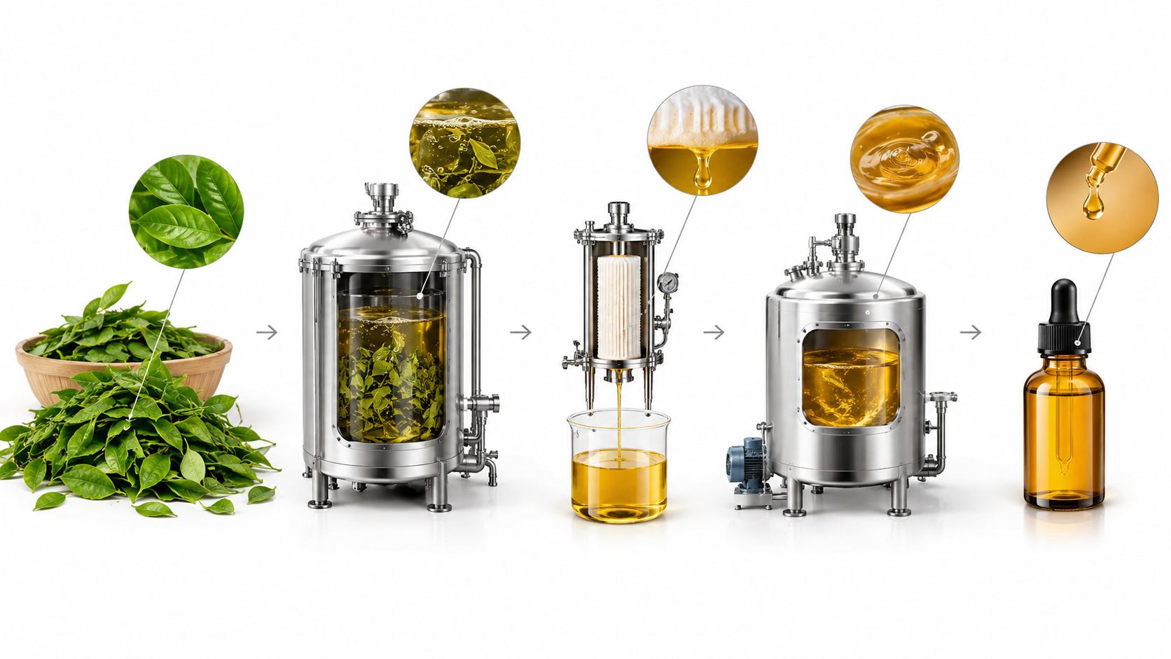 A process flow chart showing fresh green tea leaves being extracted, filtered, and bottled into oil.