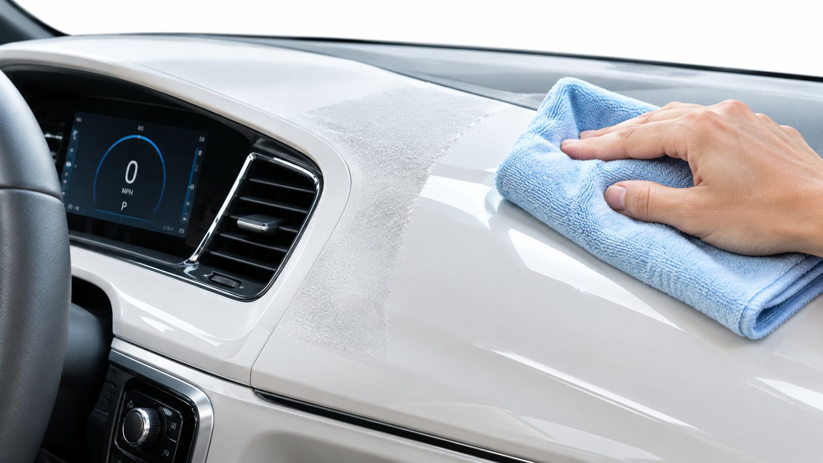 A hand uses a blue microfiber cloth to clean dust from a car's dashboard surface.