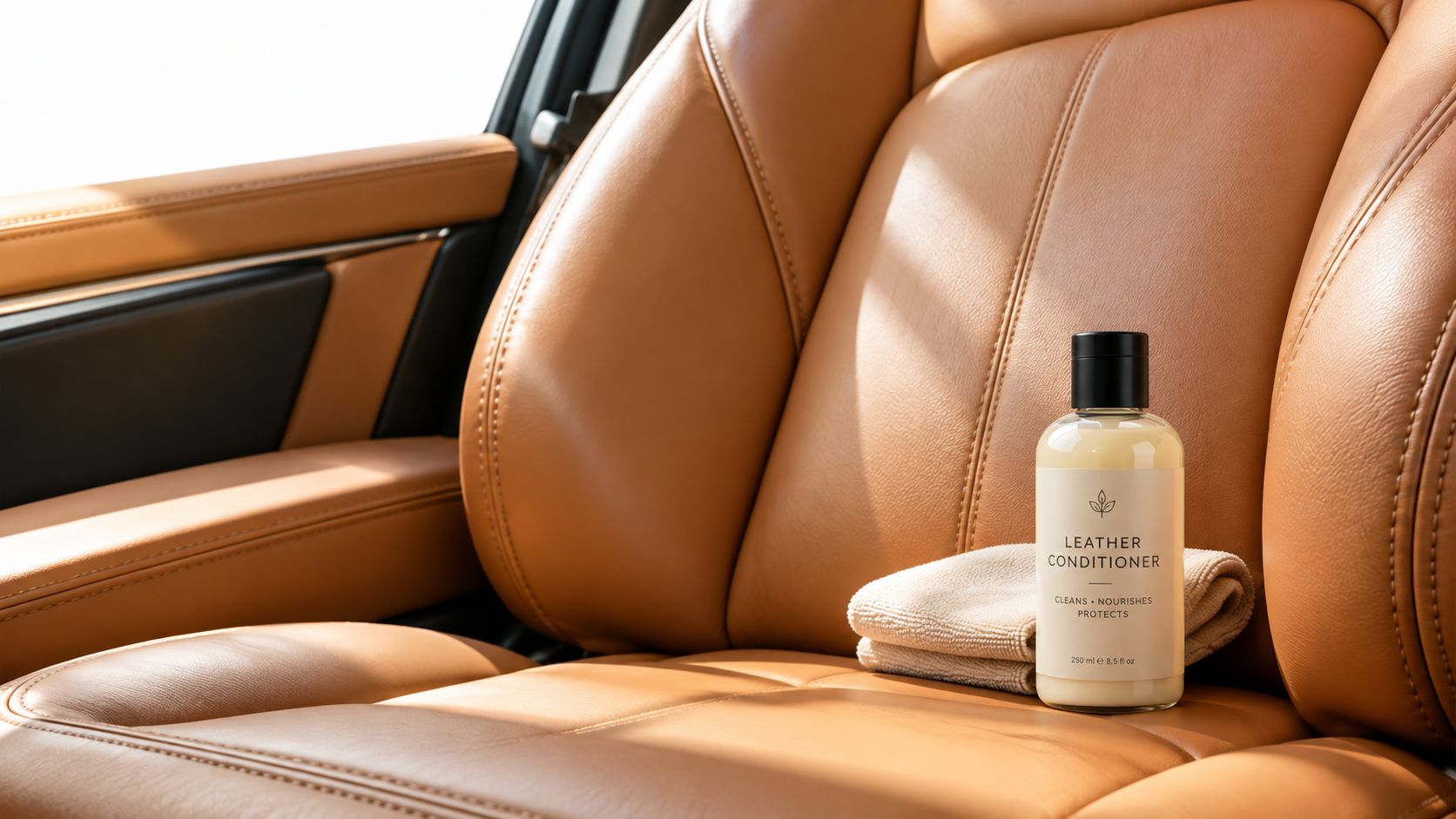 A bottle of leather conditioner and a soft cleaning cloth resting on a tan leather car seat.
