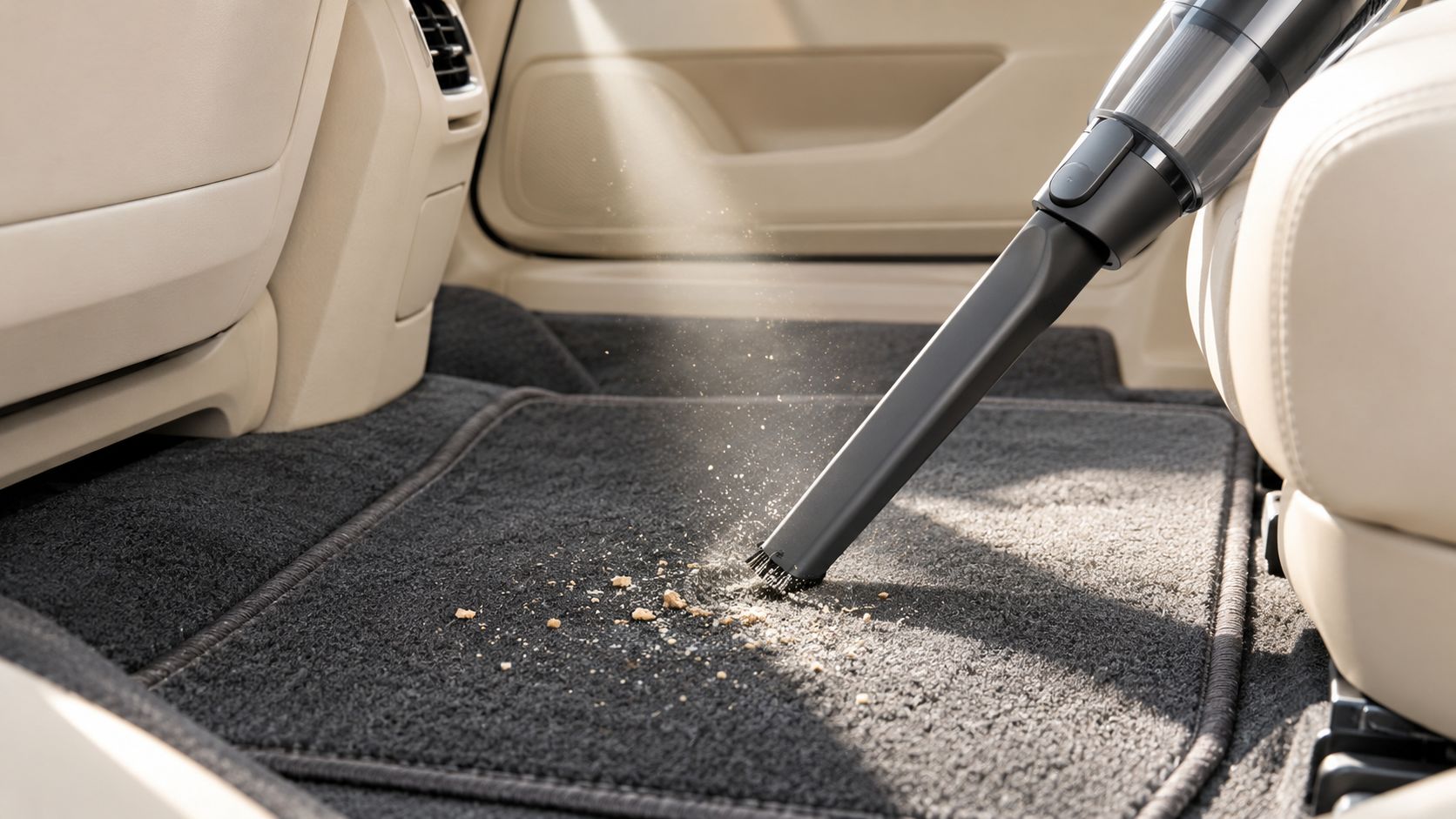 A hand-held car vacuum cleaner effectively cleaning bread crumbs from the grey carpet of a vehicle interior.