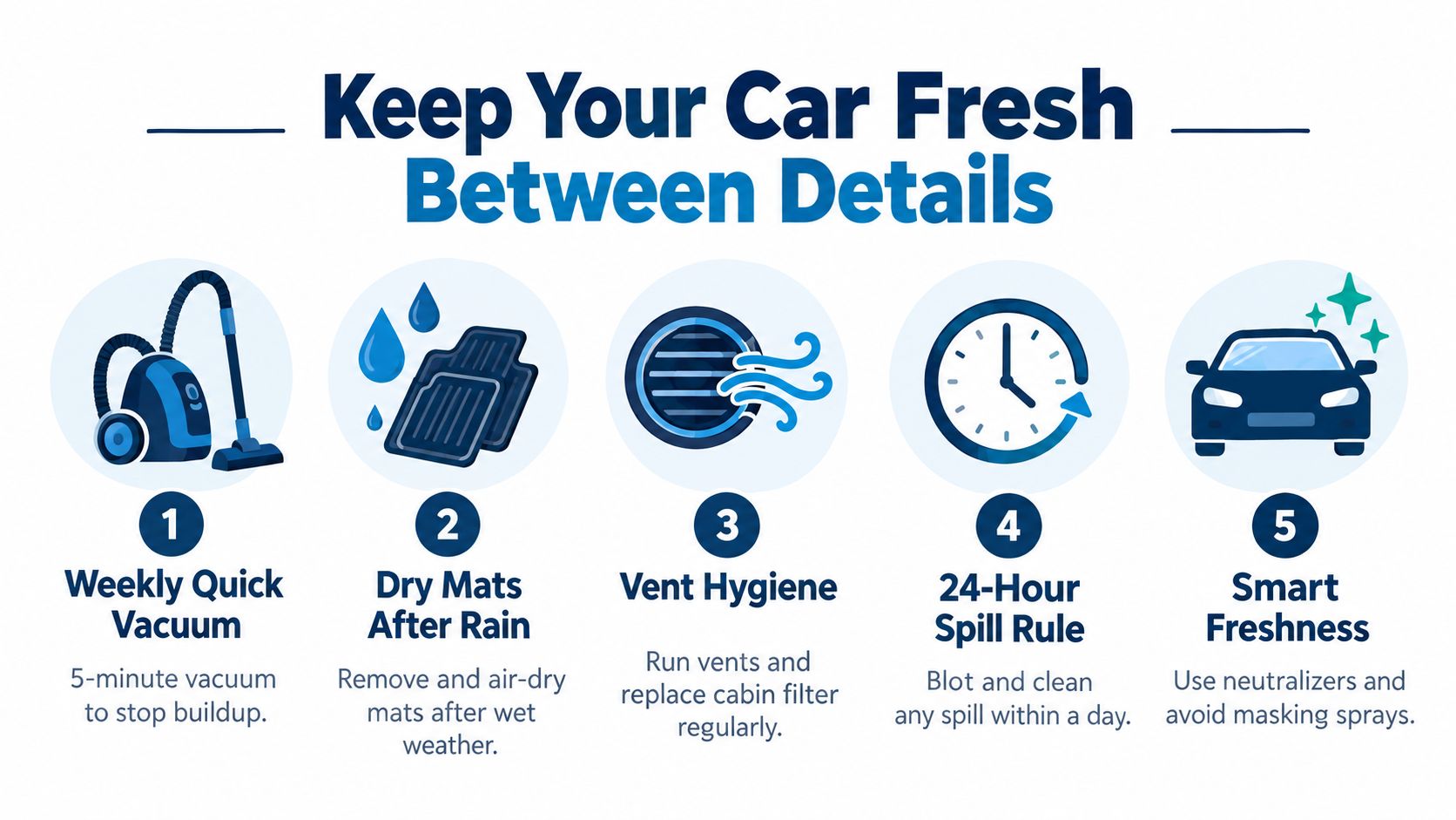 An infographic titled Keep Your Car Fresh Between Details showing five numbered steps for cleaning car interiors.