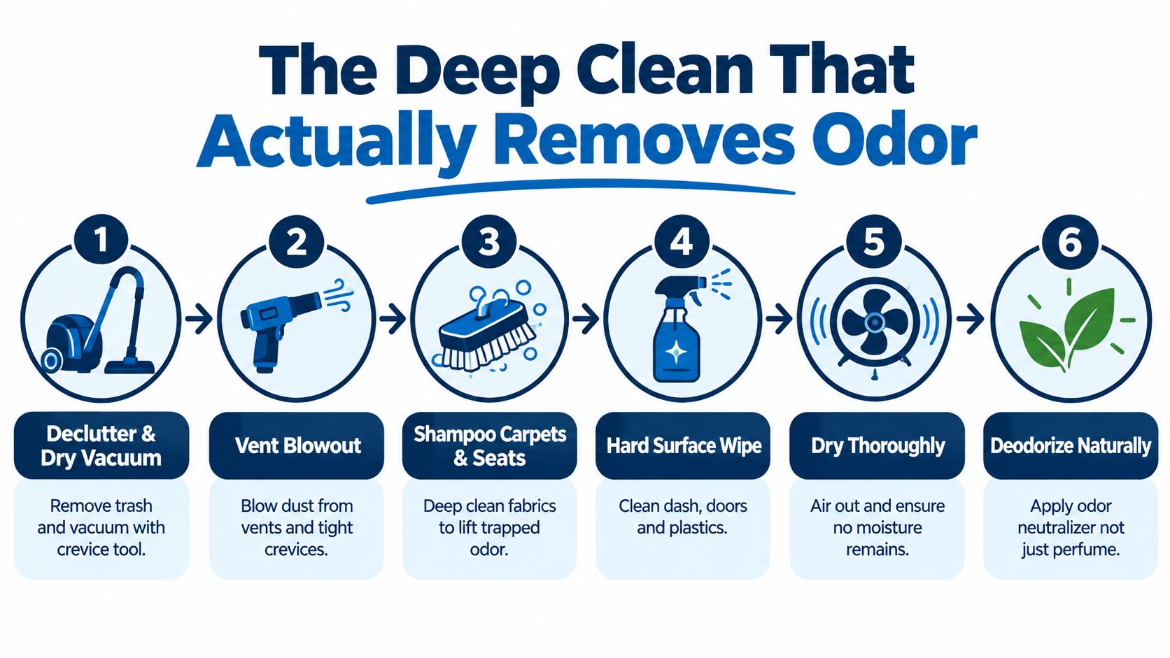 A six-step infographic guide explaining the professional process for deep cleaning car interiors to remove odors.