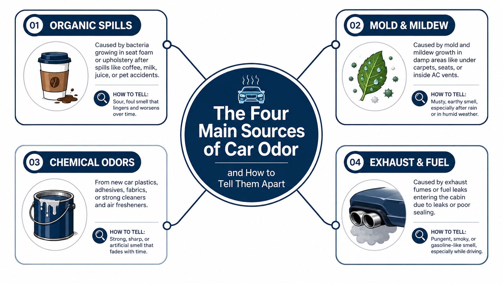 An infographic detailing the four main sources of car odors: organic spills, mold, chemicals, and exhaust fumes.