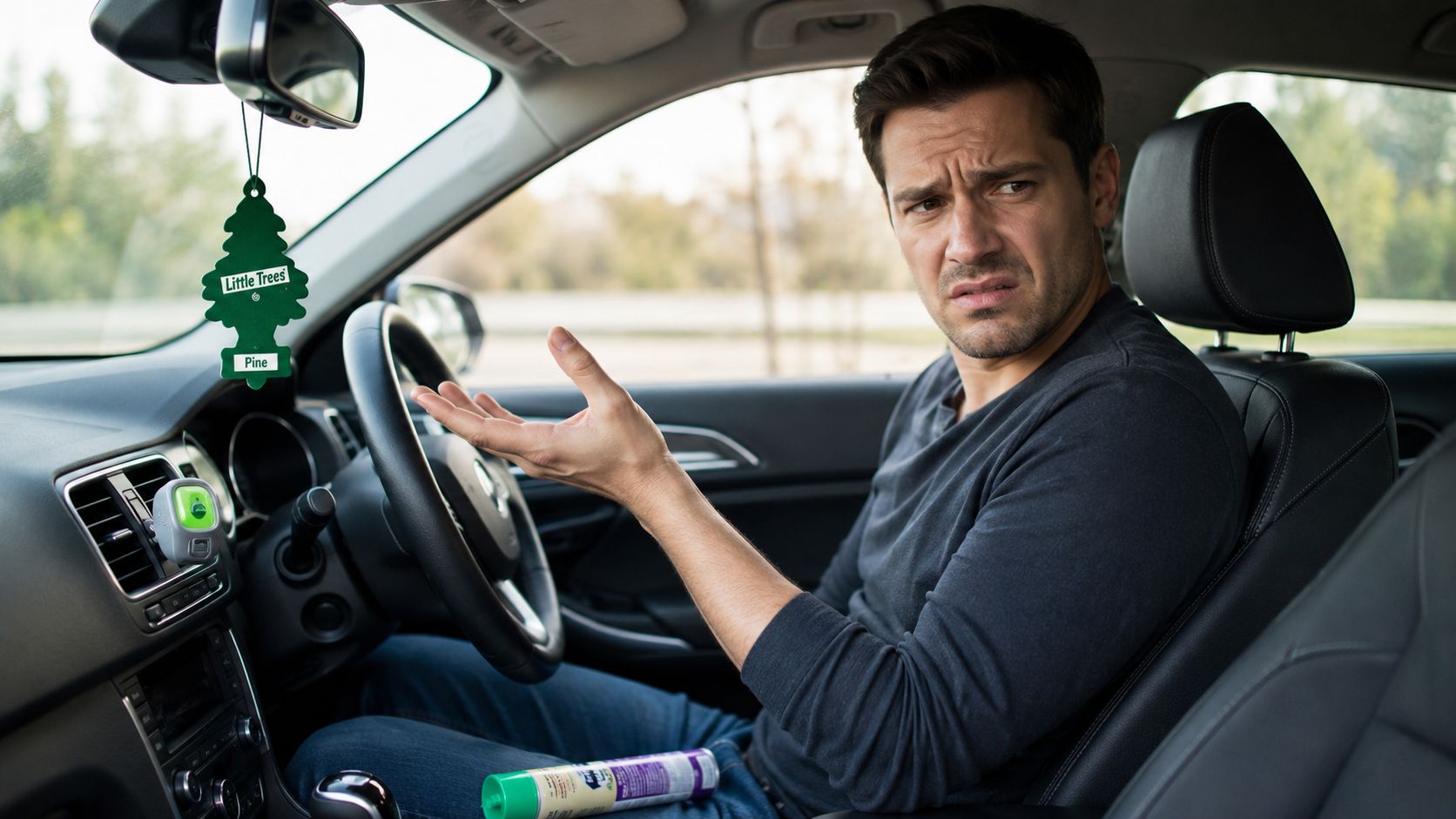 A frustrated man sitting in his car while dealing with persistent unpleasant odors and air fresheners.
