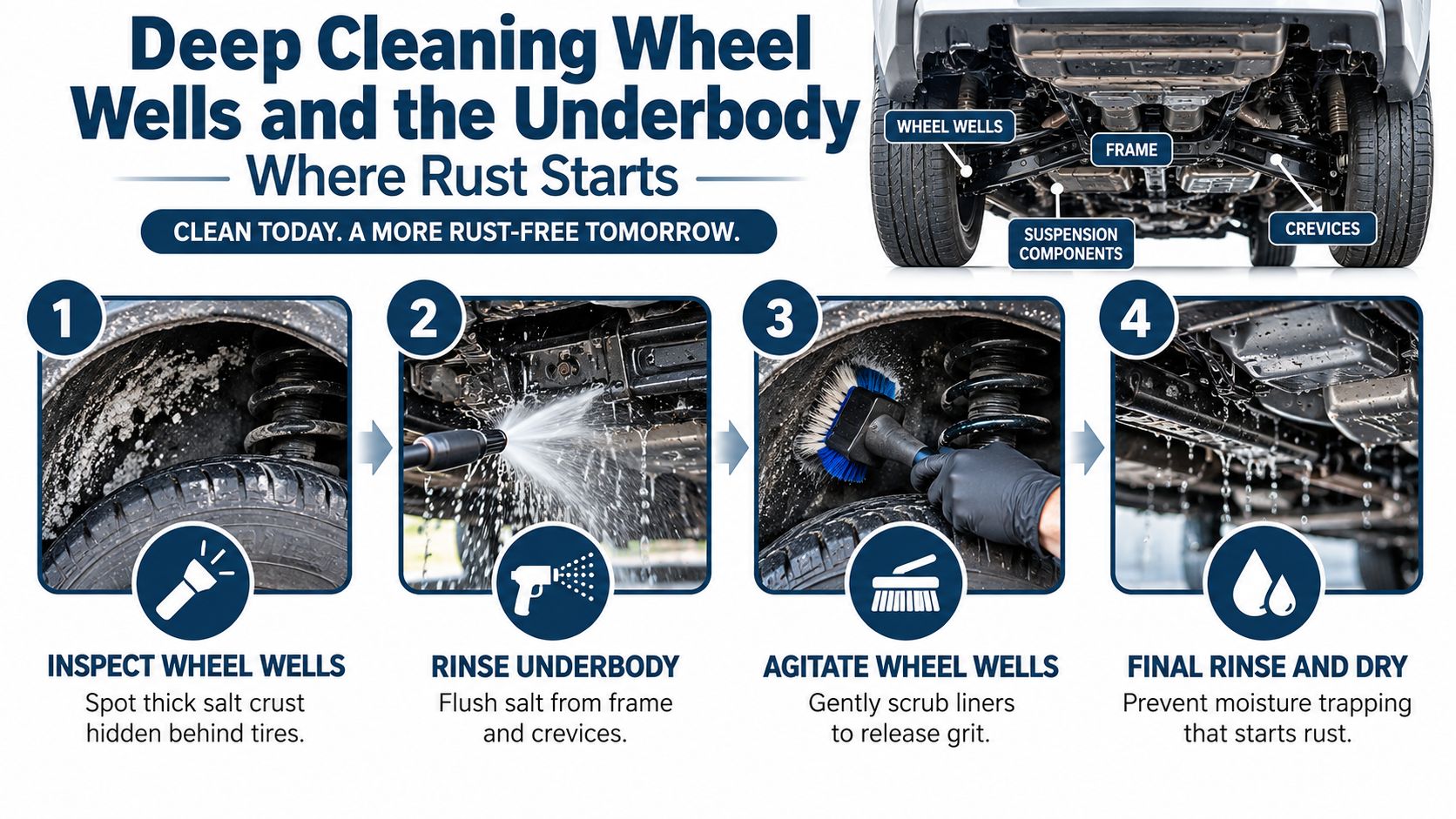 A four-step infographic showing how to clean car wheel wells and underbody to prevent salt-induced rust.