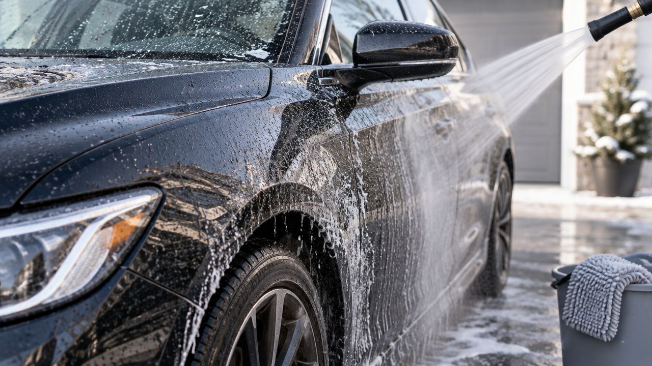 A person washing a black sedan with a pressurized hose to remove winter salt and soap suds.