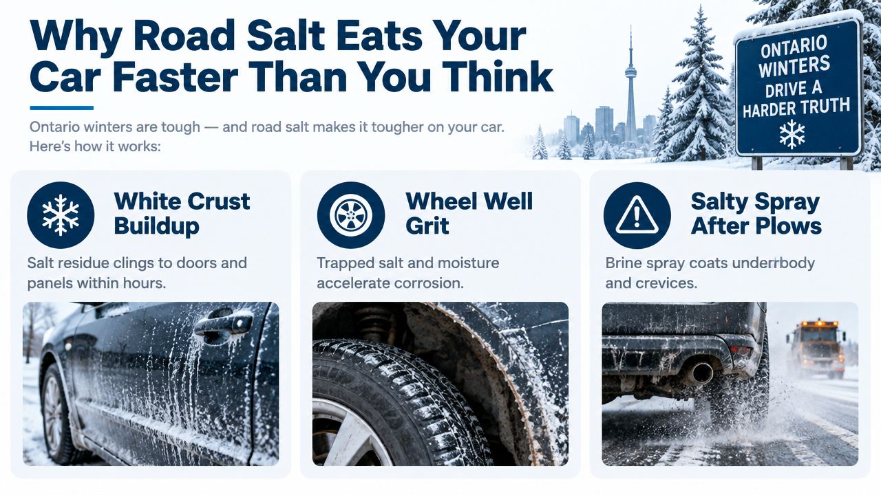 An infographic titled Why Road Salt Eats Your Car Faster Than You Think, explaining winter vehicle corrosion.