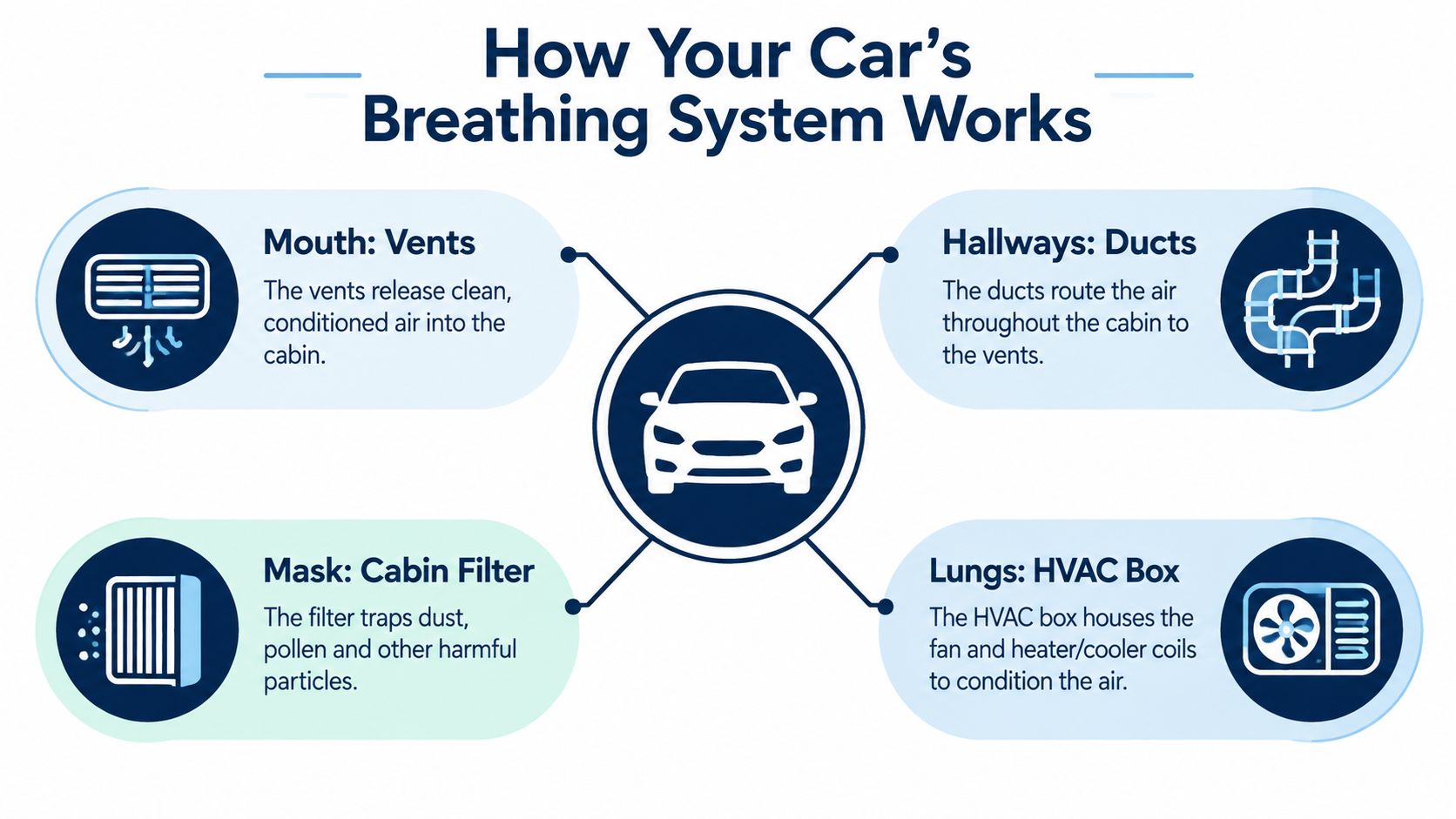 A diagram illustrating the car breathing system with vents, ducts, a cabin filter, and an HVAC box.
