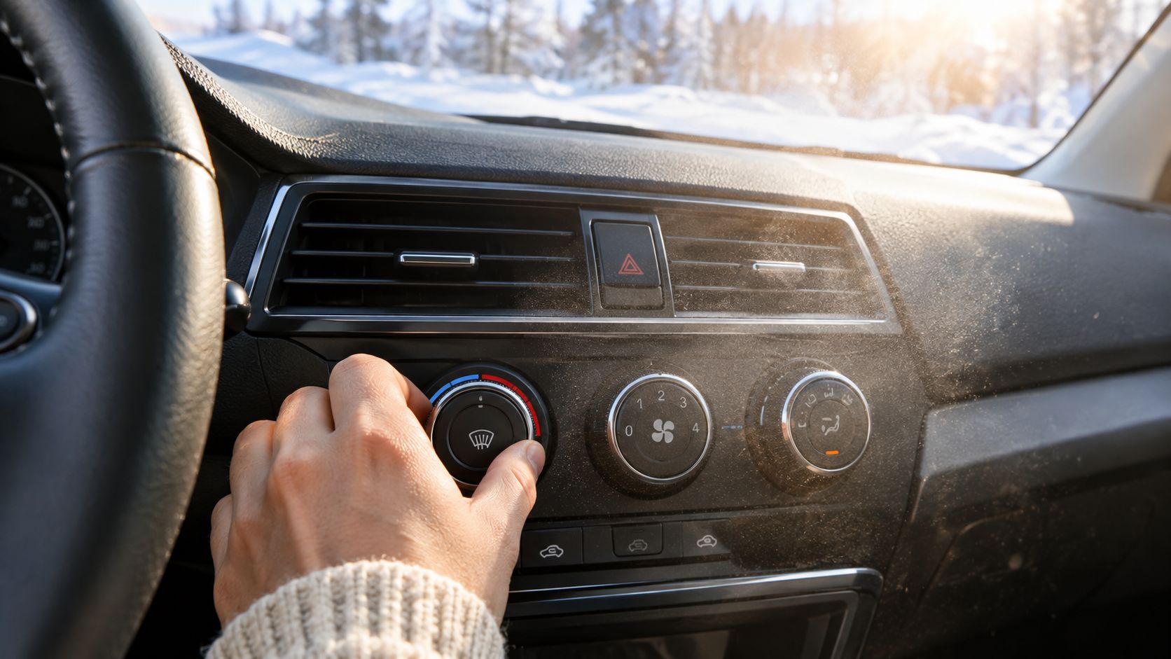 A close-up view of a person adjusting the temperature dial on a dusty car dashboard interior.