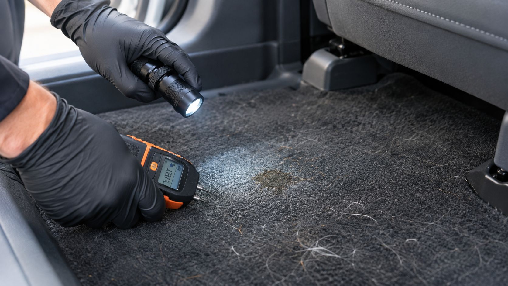 A professional using a moisture meter and flashlight to inspect a damp carpet inside a car interior.
