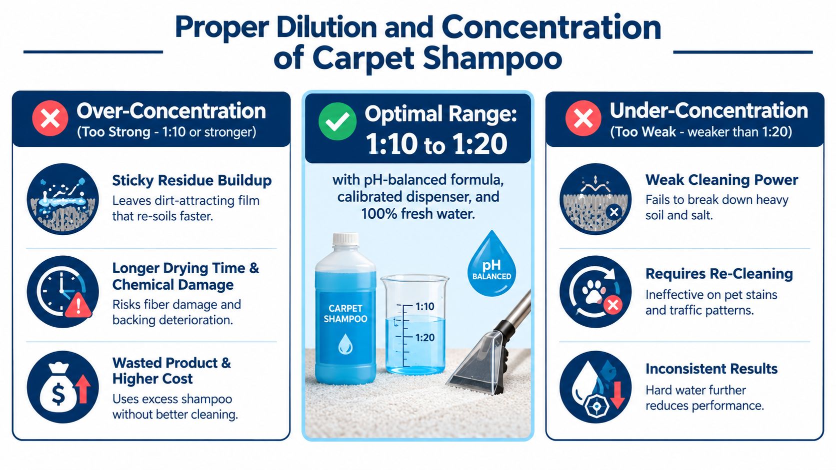A professional infographic showing proper carpet shampoo dilution ratios, explaining risks of over-concentration and under-concentration.