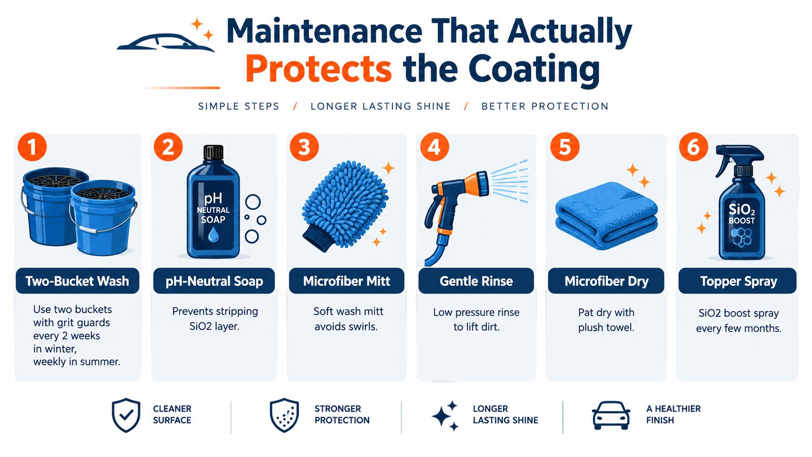 A six-step infographic demonstrating professional car maintenance procedures for protecting ceramic coating with safe washing techniques.