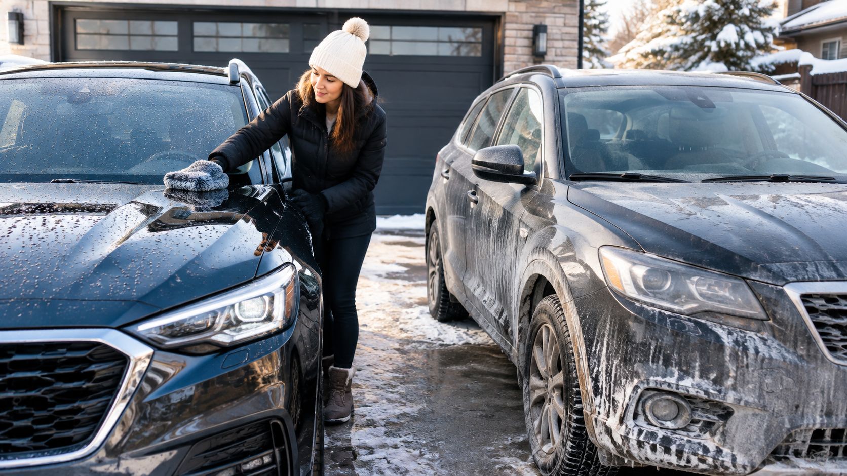 A woman in a winter hat and jacket cleaning her black car in a snowy driveway.