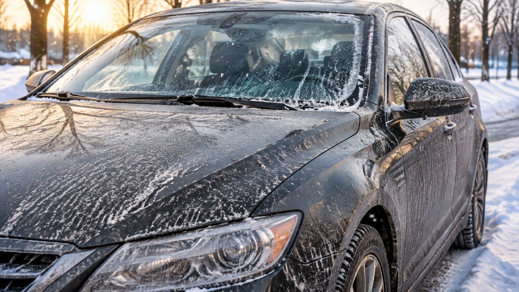 A black car covered in winter ice and snow parked on a snowy road at sunset.