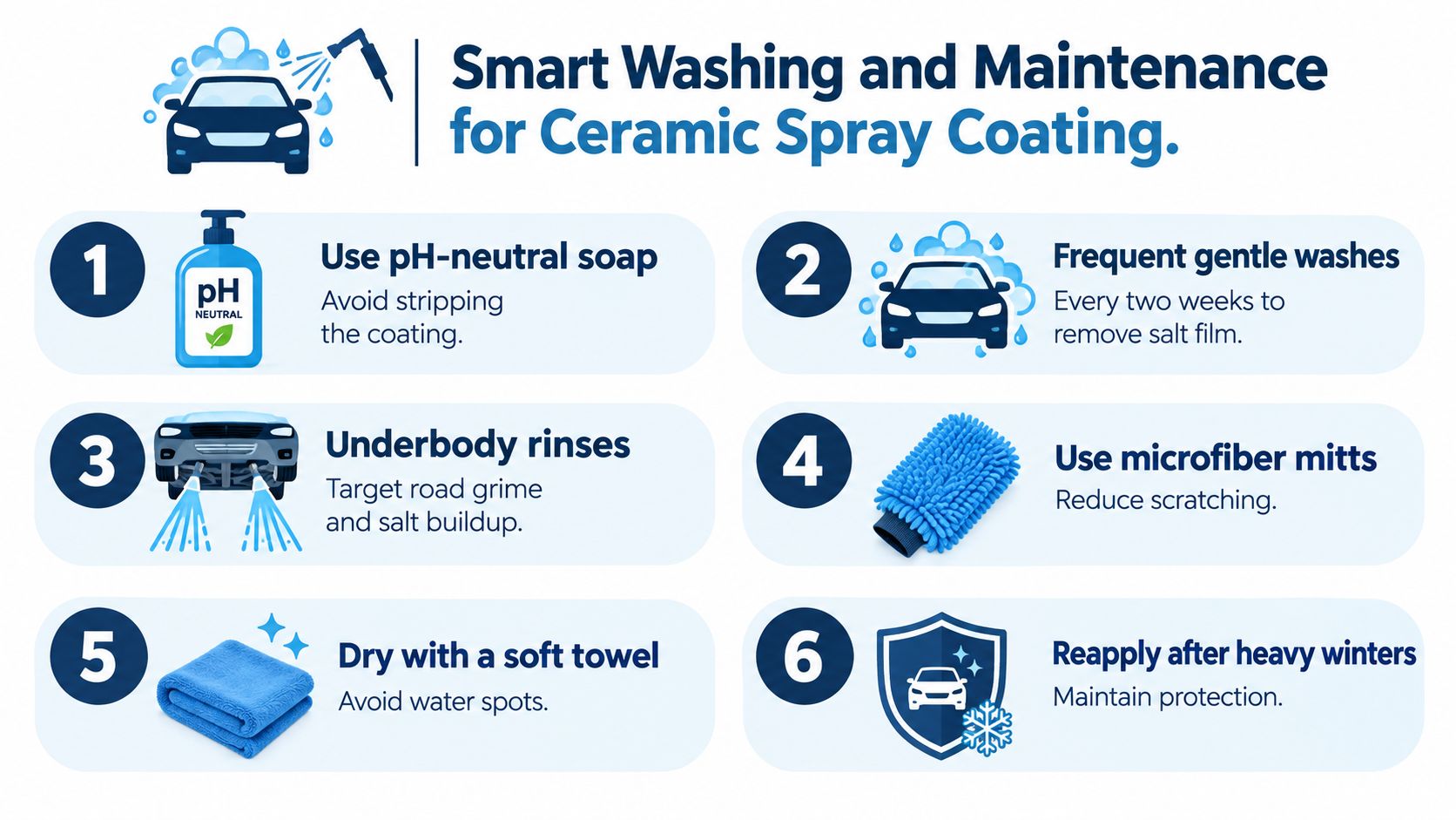 An infographic titled Smart Washing and Maintenance for Ceramic Spray Coating featuring six steps for proper vehicle care.