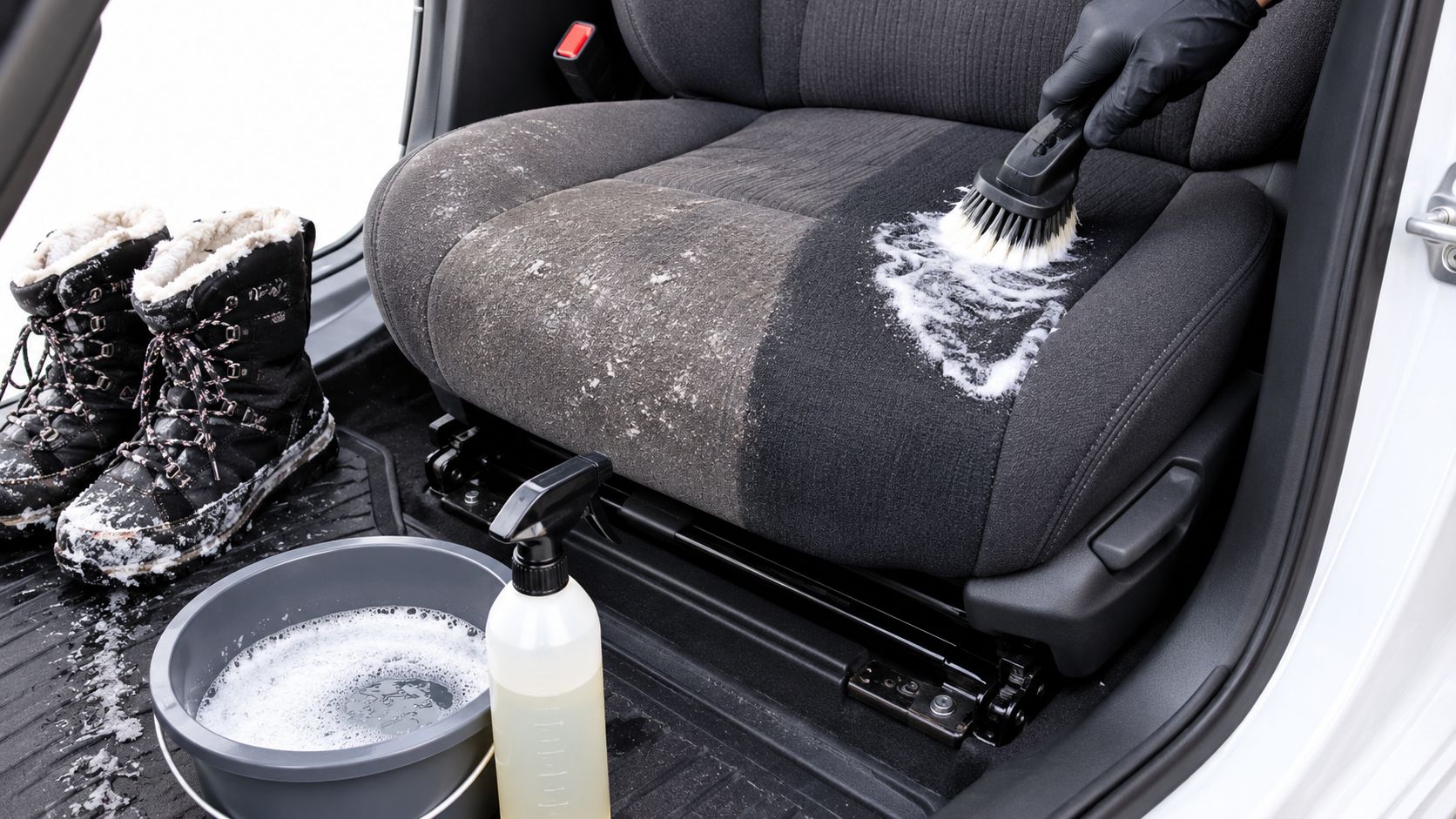 A gloved hand scrubbing a dirty car seat with a brush and soapy foam for professional cleaning.