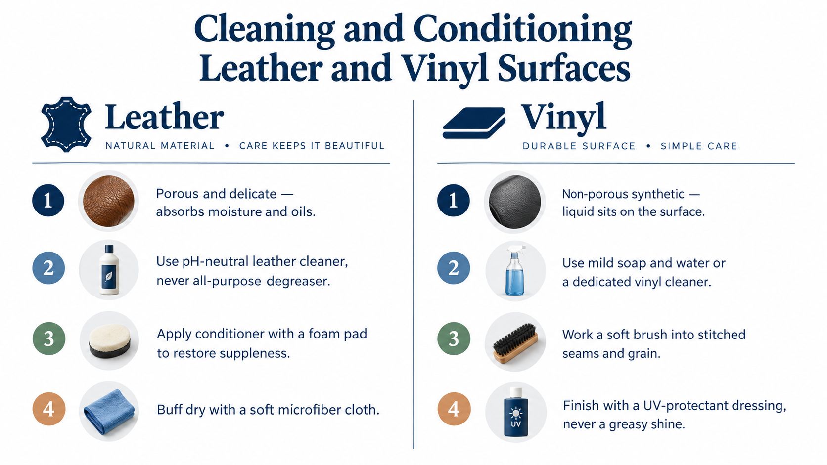 A comparison infographic detailing the different steps and products for cleaning and conditioning leather versus vinyl surfaces.