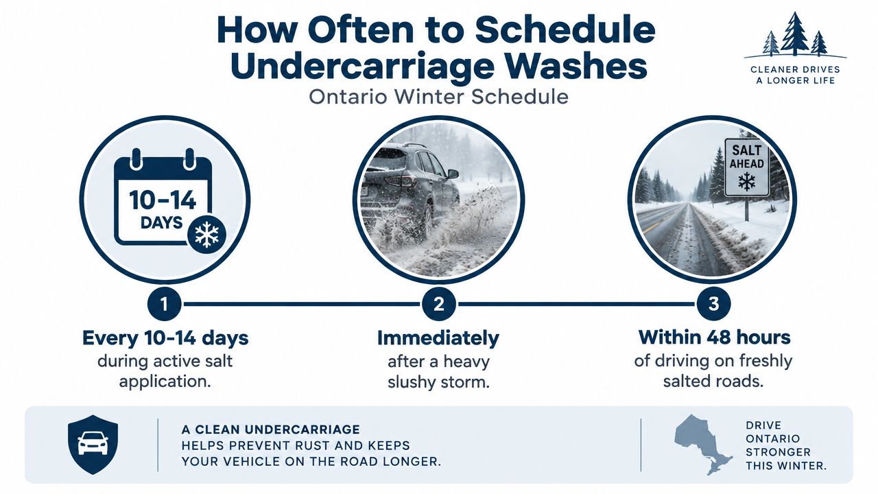 An infographic detailing an Ontario winter schedule for cleaning a vehicle undercarriage to prevent road salt corrosion.
