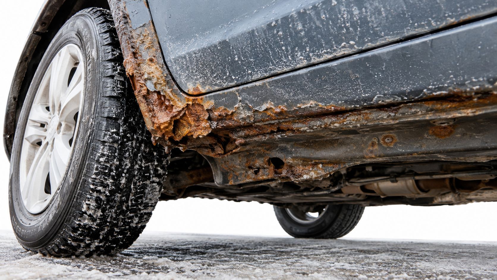 Close-up of a car's damaged rocker panel and wheel arch showing severe iron rust corrosion.