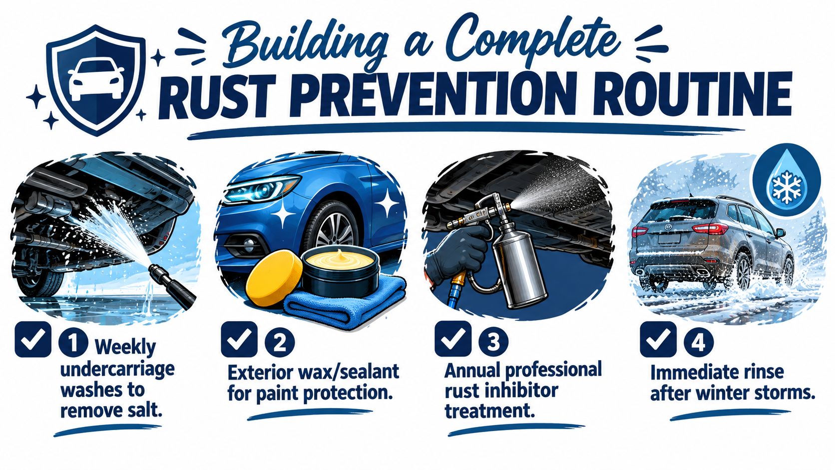 An infographic illustrating four steps to prevent car rust including washing, waxing, and professional treatment.