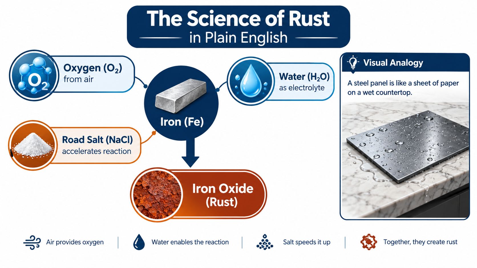 A diagram illustrating the science of how iron reacts with oxygen, water, and salt to form rust.