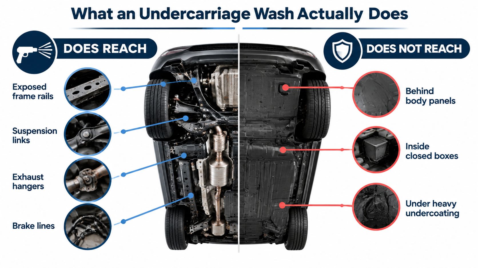 A diagram illustrating what parts of a vehicle an undercarriage wash can and cannot reach effectively.
