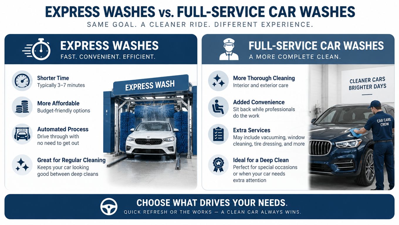 A comparison infographic detailing the differences between express car washes and full-service cleaning options for vehicles.