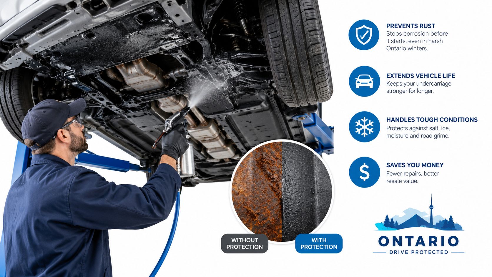 A technician applies protective coating to a car undercarriage to prevent rust and extend vehicle longevity.