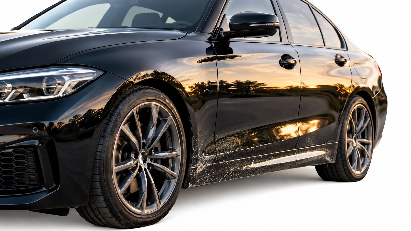 A close-up view of a sleek black car parked, highlighting its shiny finish and detailed alloy wheels.