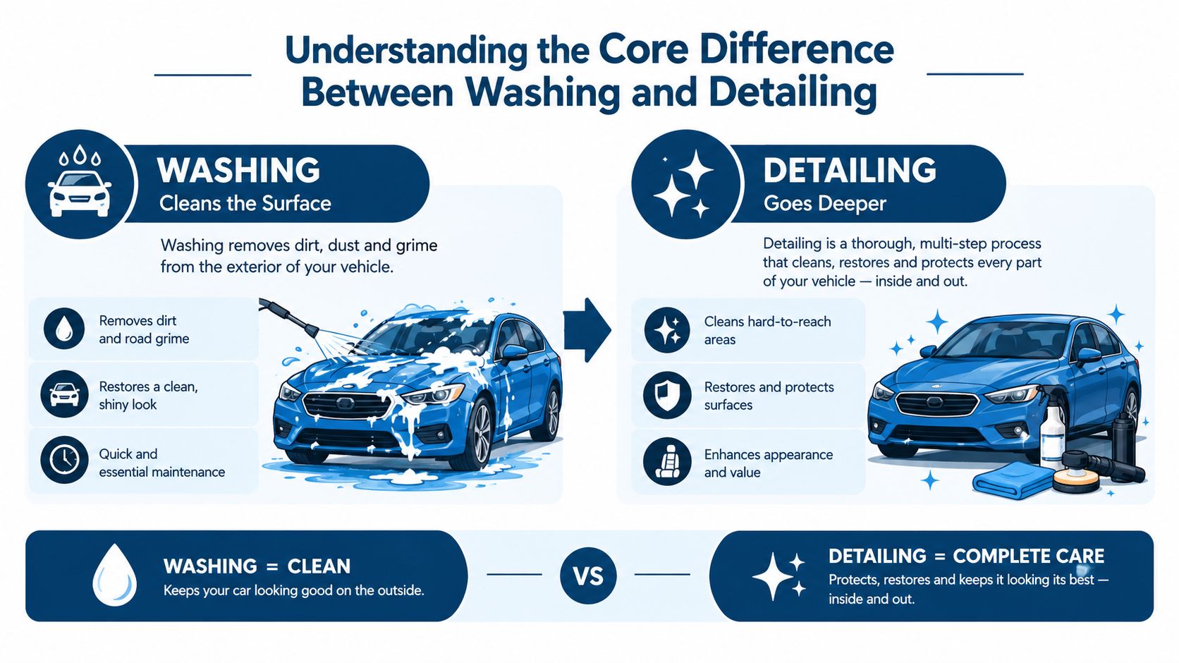 A comparison infographic explaining the differences between basic car washing and thorough professional vehicle detailing services.