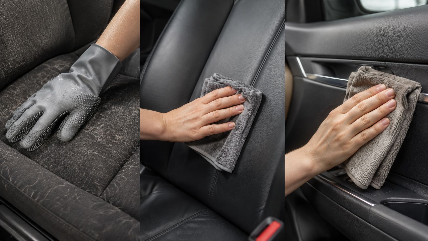 A person cleaning hair from a car seat with a grooming glove and wiping car interior surfaces.