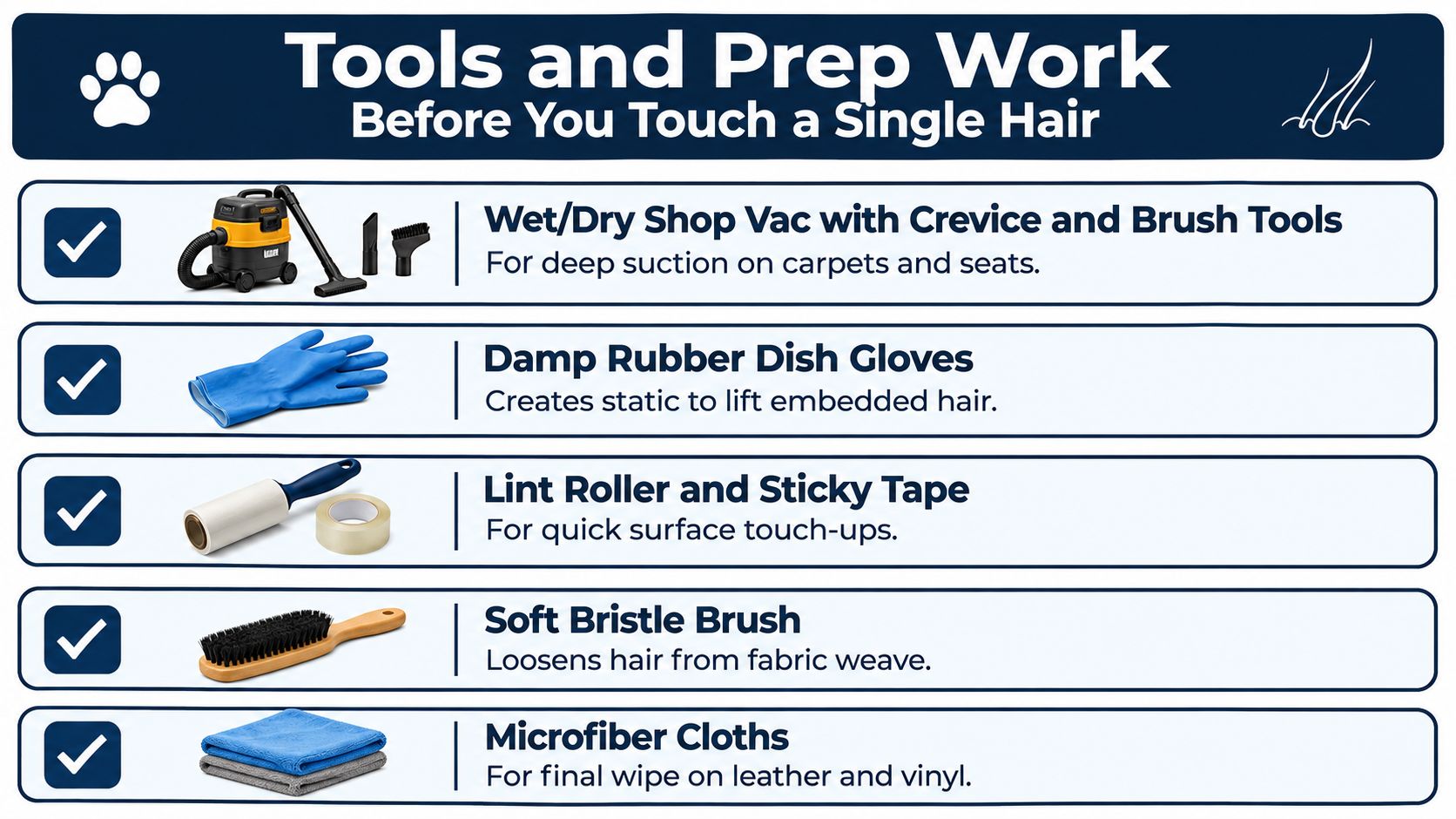 A helpful infographic showing essential tools for removing pet hair, including shop vacs, gloves, brushes, and cloths.