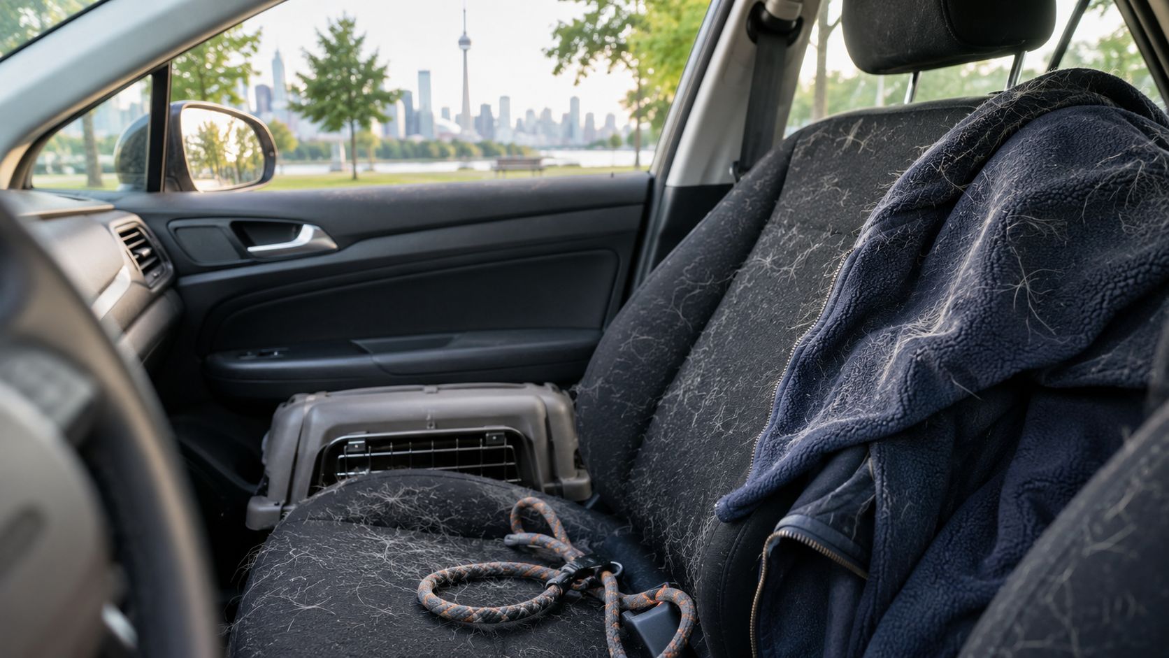 A black car seat covered in pet hair with a leash and a blue jacket on it.