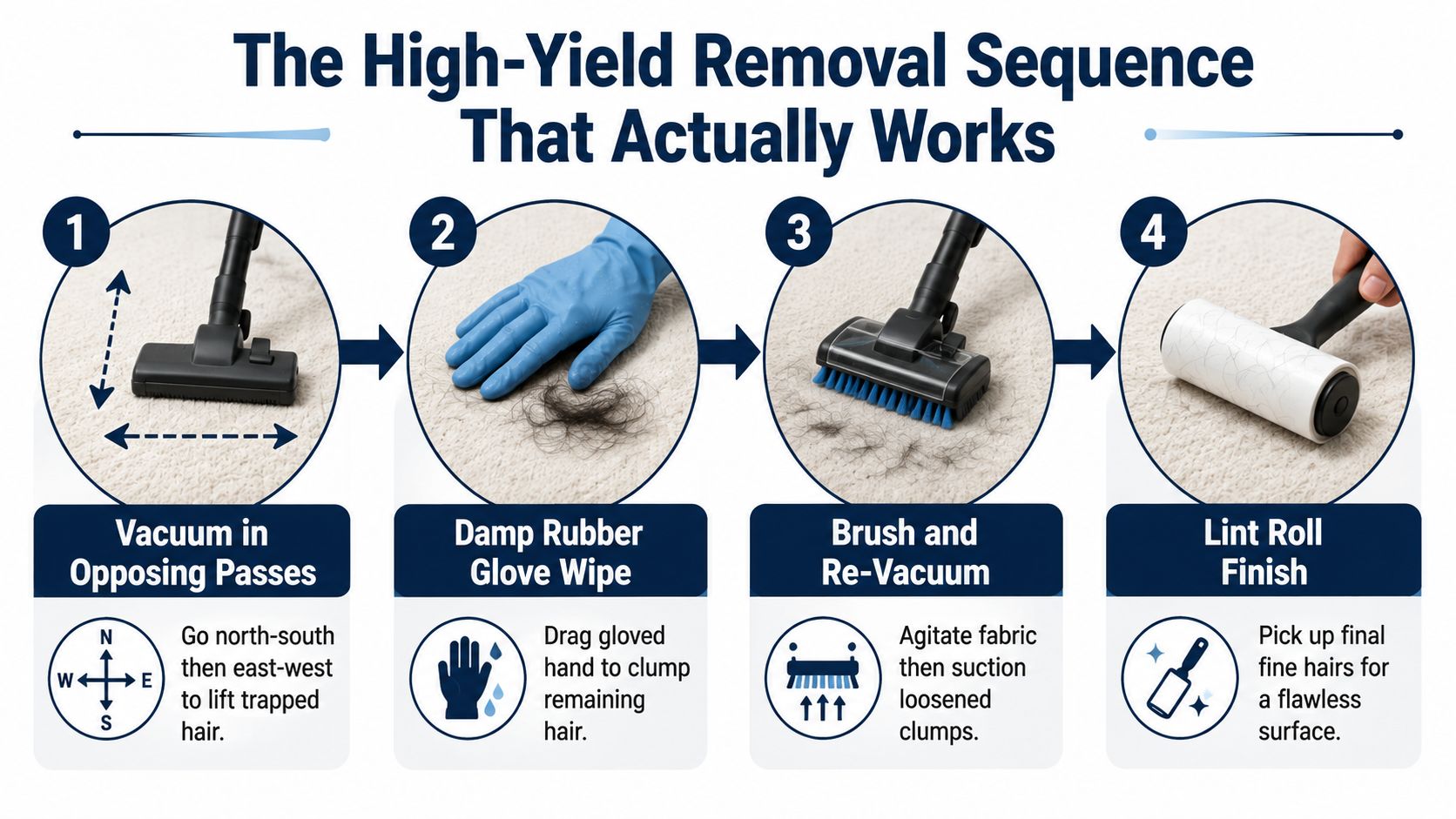 A four-step infographic showing how to effectively remove pet hair from carpets using vacuuming, gloves, brushing, and rollers.