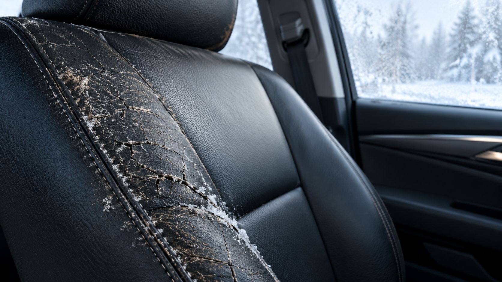 Close-up of a damaged, cracked leather car seat covered with some white snow or debris.