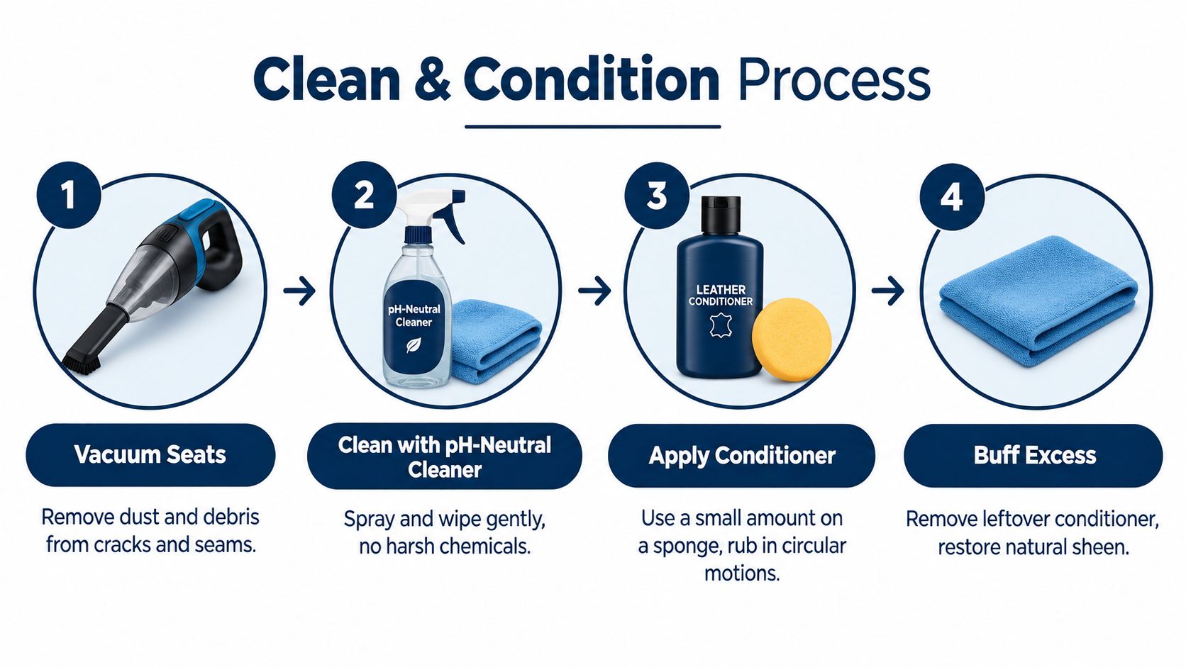 A four-step infographic showing how to clean and condition leather car seats using a vacuum, cleaner, and conditioner.