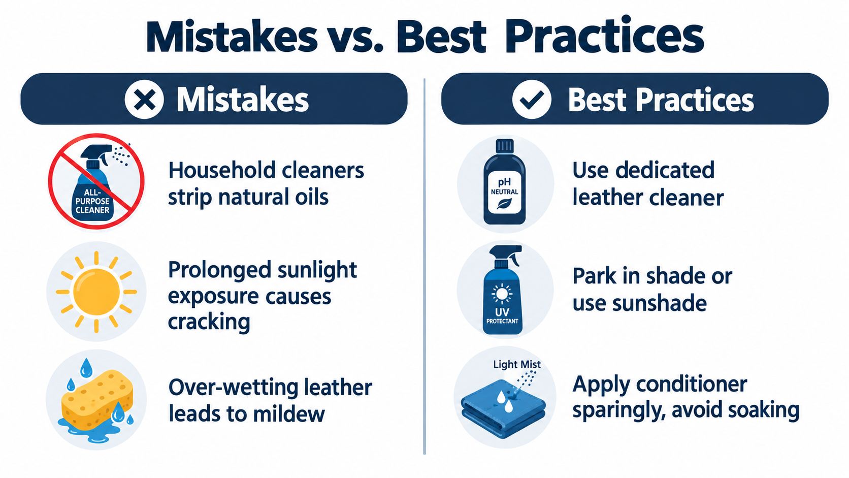 A comparison chart showing common mistakes versus best practices for maintaining leather car seats and upholstery.