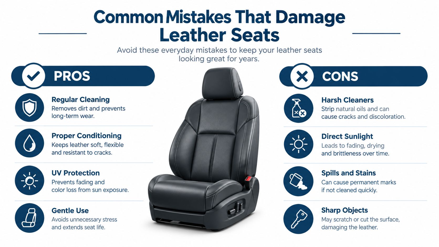 An infographic showing pros and cons for maintaining leather car seats with tips for care and avoidance.